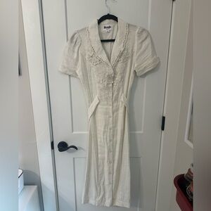 Rouje linen Ivory Long Sleeve Dress with Floral Details
